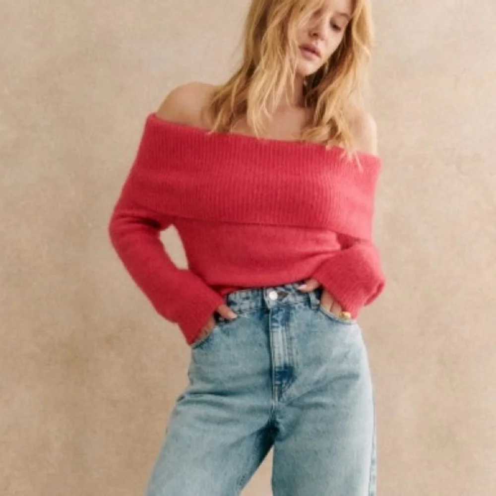 Sezane Aurore Jumper Pop Pink Knit Wool Off Shoulder Sweater - Picture 4 of 9